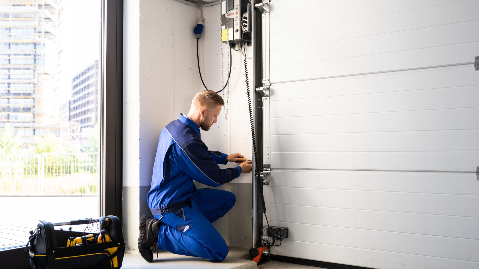 Technician in blue uniform repairing electrical system near window