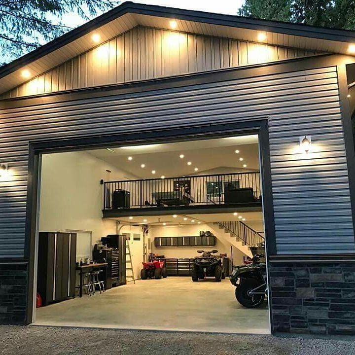 A garage with a motorcycle parked inside of it